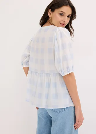 Blouse met strikjes, Kleur: poederblauw-wolwit geruit