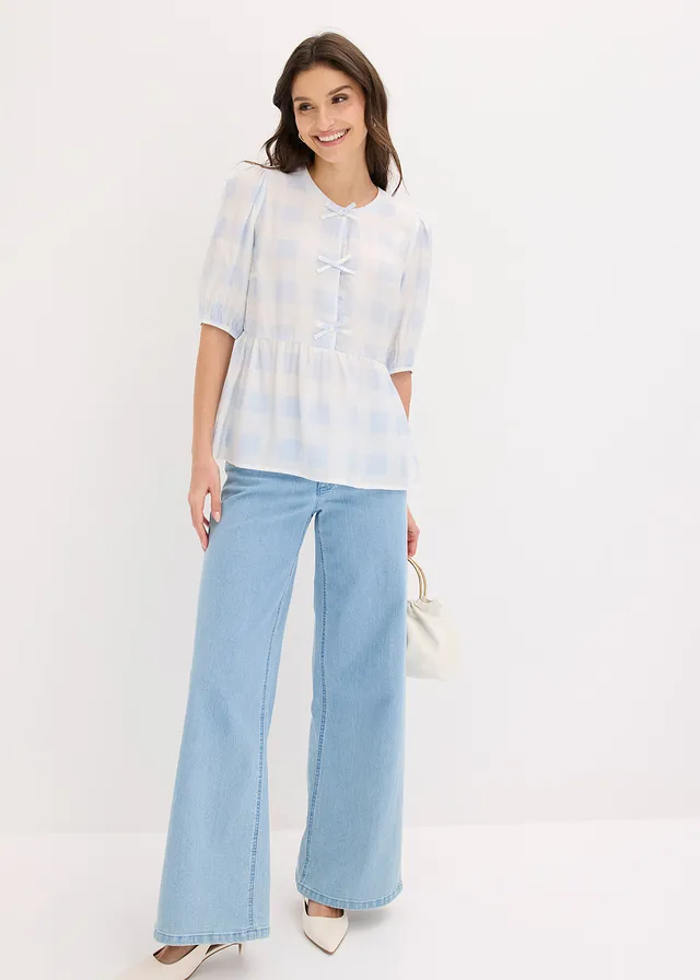 Blouse avec nœuds, Couleur: bleu poudré-écru carreaux