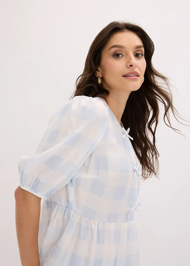 Blouse met strikjes • poederblauw-wolwit geruit • product-page.page-title-suffix