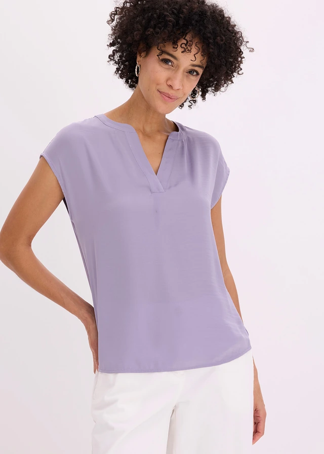 Satijnen tuniek met korte mouwen en oversized schouders, Kleur: rookviolet