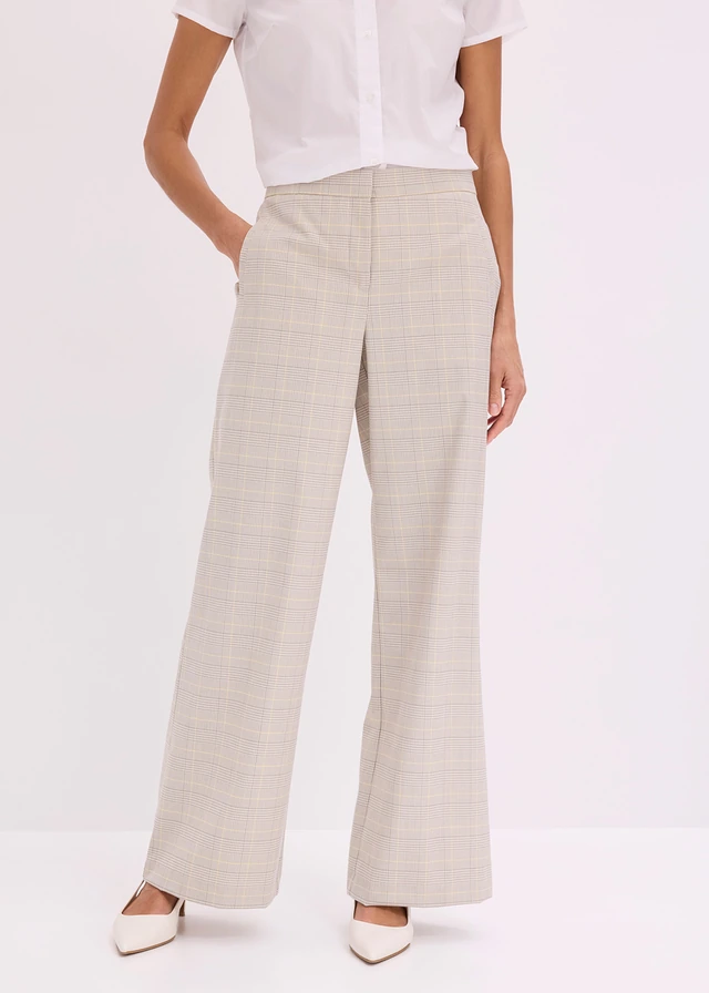 Glencheck Marlene Dietrich broek met viscose, Kleur: lichtgeel/lichtsand geruit