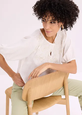 Blouse longue brodée, légèrement transparente • écru-sable clair • Boutique bonprix