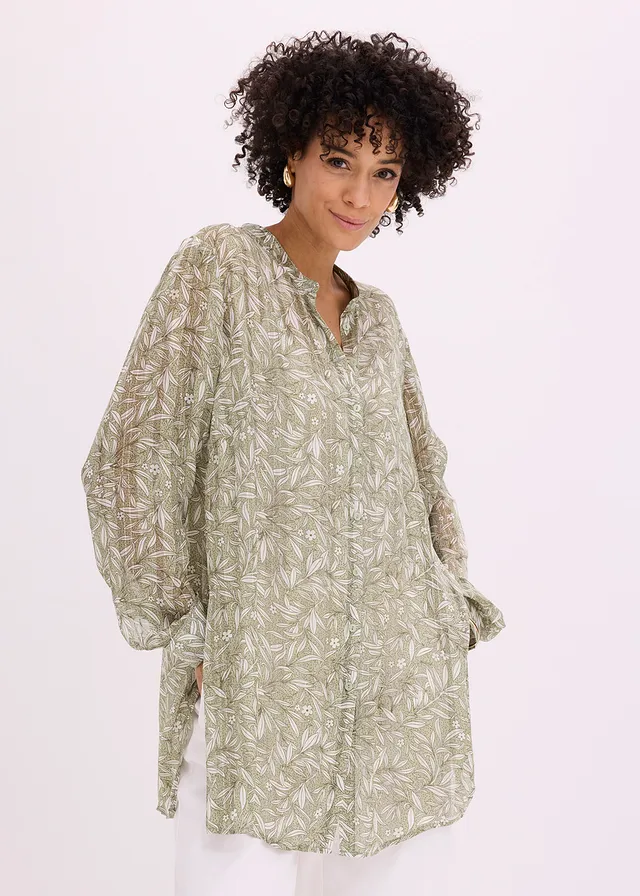 Lange blouse van chiffon, Kleur: lichtgroen gebloemd