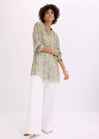 Lange blouse van chiffon, Kleur: lichtgroen gebloemd