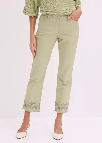 Pantaloni din twill cu broderie, culoare: verde pal