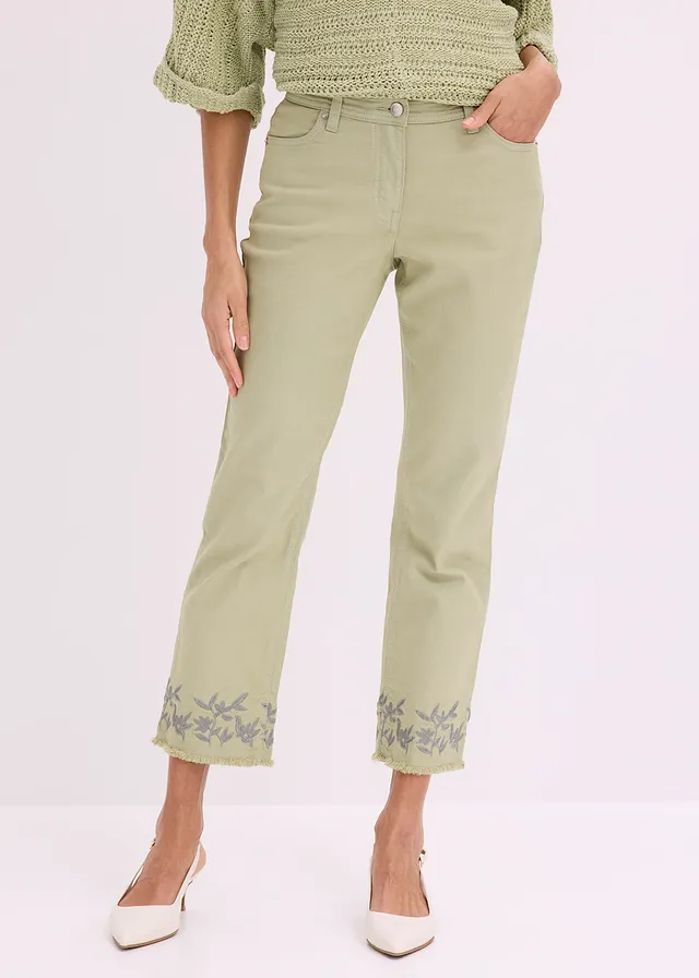 Pantalon en twill avec broderies, Couleur: vert pâle