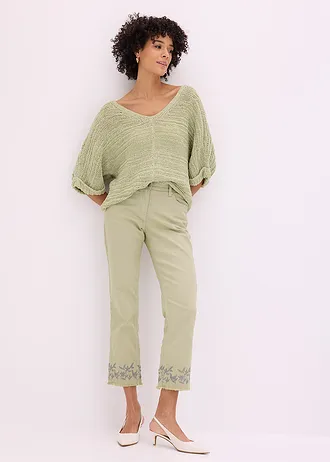 Pantaloni din twill cu broderie, culoare: verde pal