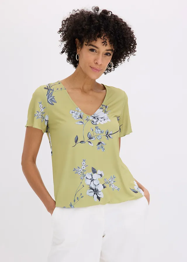 Shirt met elastische zoom, Kleur: cactusgroen gebloemd