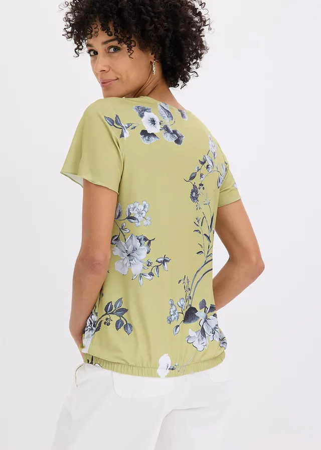 Shirt met elastische zoom, Kleur: cactusgroen gebloemd