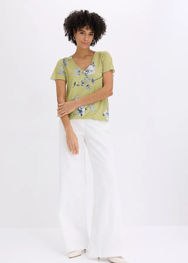 Shirt met elastische zoom, Kleur: cactusgroen gebloemd