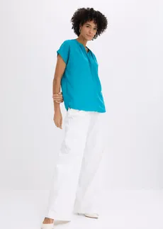 Blouse met korte mouwen en blinde knoopsluiting, Kleur: blauwgroen