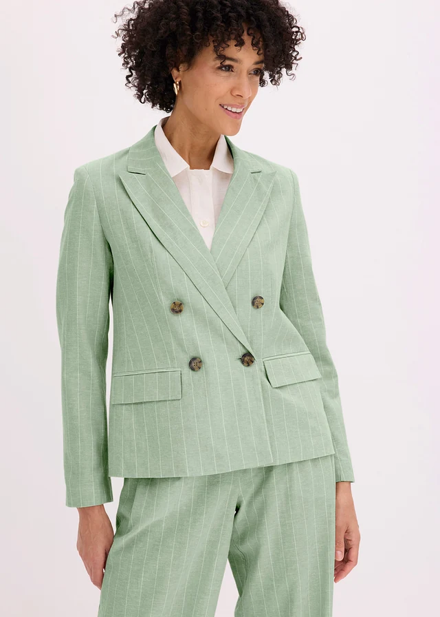 Blazer met linnen, Kleur: grijsgroen/wolwit gestreept