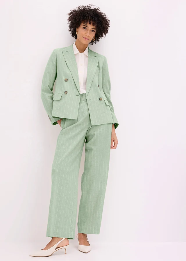 Blazer met linnen, Kleur: grijsgroen/wolwit gestreept