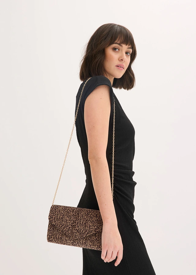 Clutch in suède-look met luipaardprint, Kleur: lichtsand-zwart luipaardprint