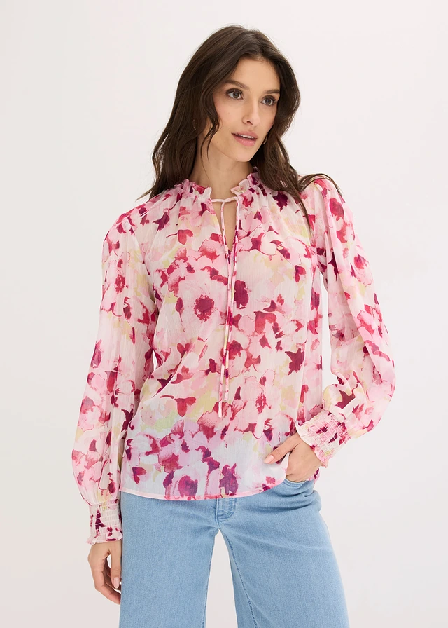 Blouse imprimée en mousseline, Couleur: rose floral