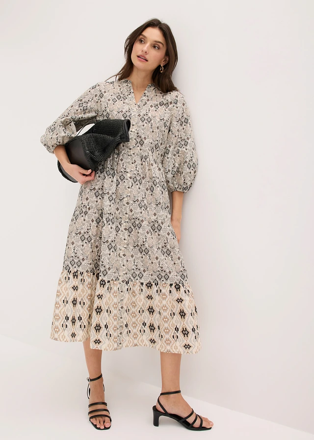 Robe midi en coton léger, Couleur: blanc nacré-noir imprimé