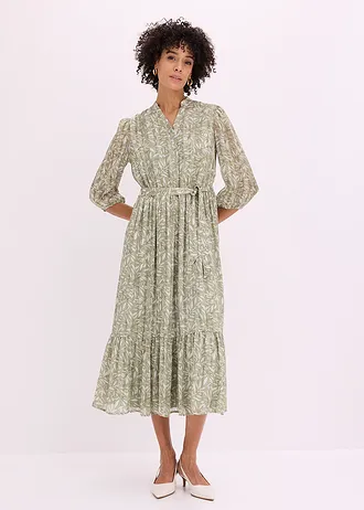 Rochie-cămașă din șifon • verde pal floral • magazin bonprix