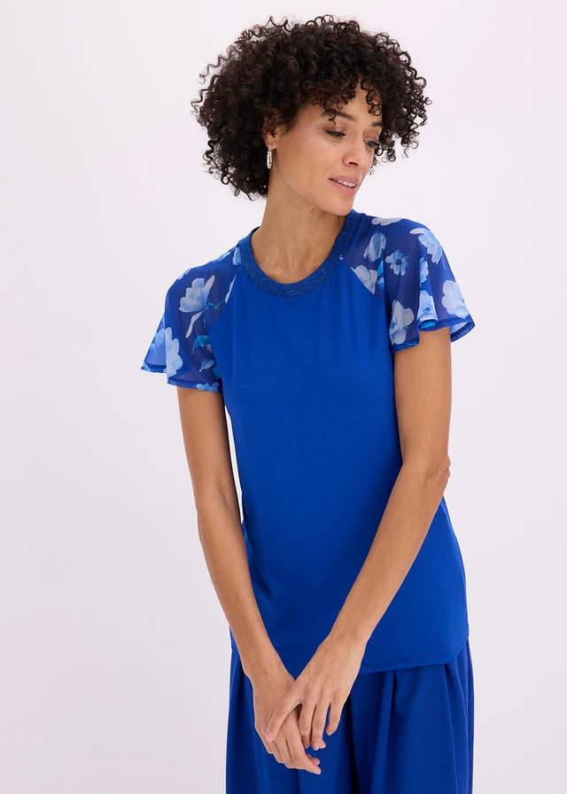 T-shirt avec manches en mousseline, Couleur: bleu cobalt-bleu clair-bleu moyen
