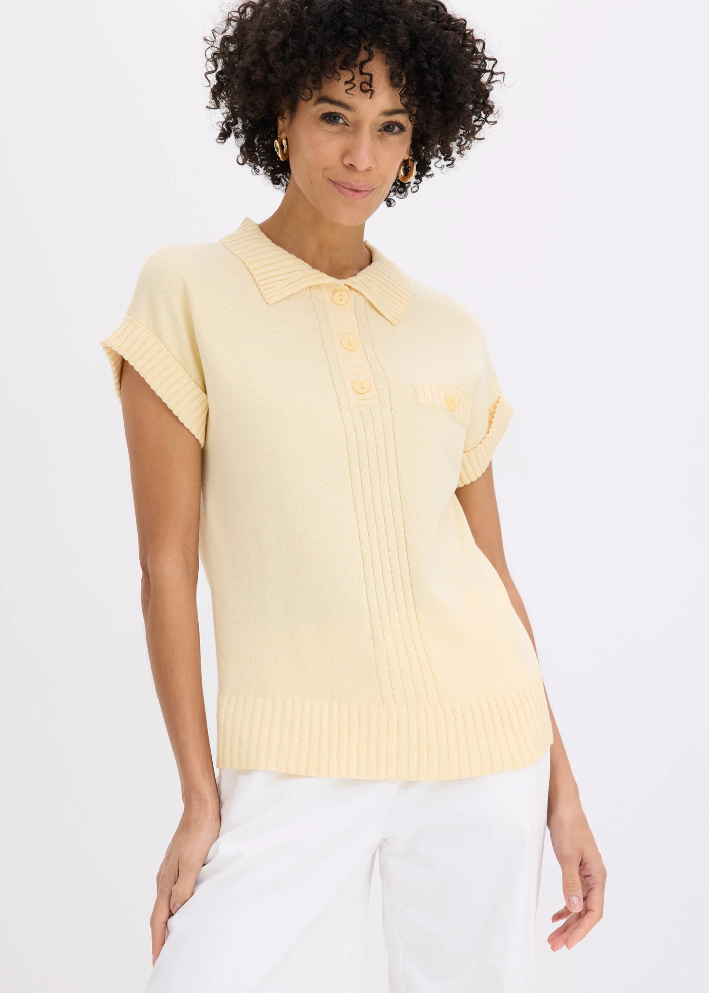 Pull col polo en coton mélangé • jaune pastel chiné • Boutique bonprix