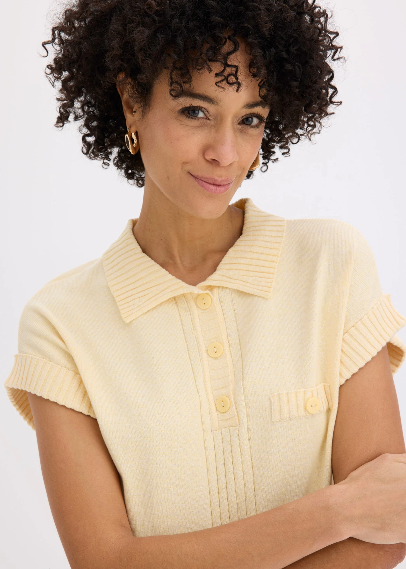 Pull col polo en coton mélangé • jaune pastel chiné • Boutique bonprix