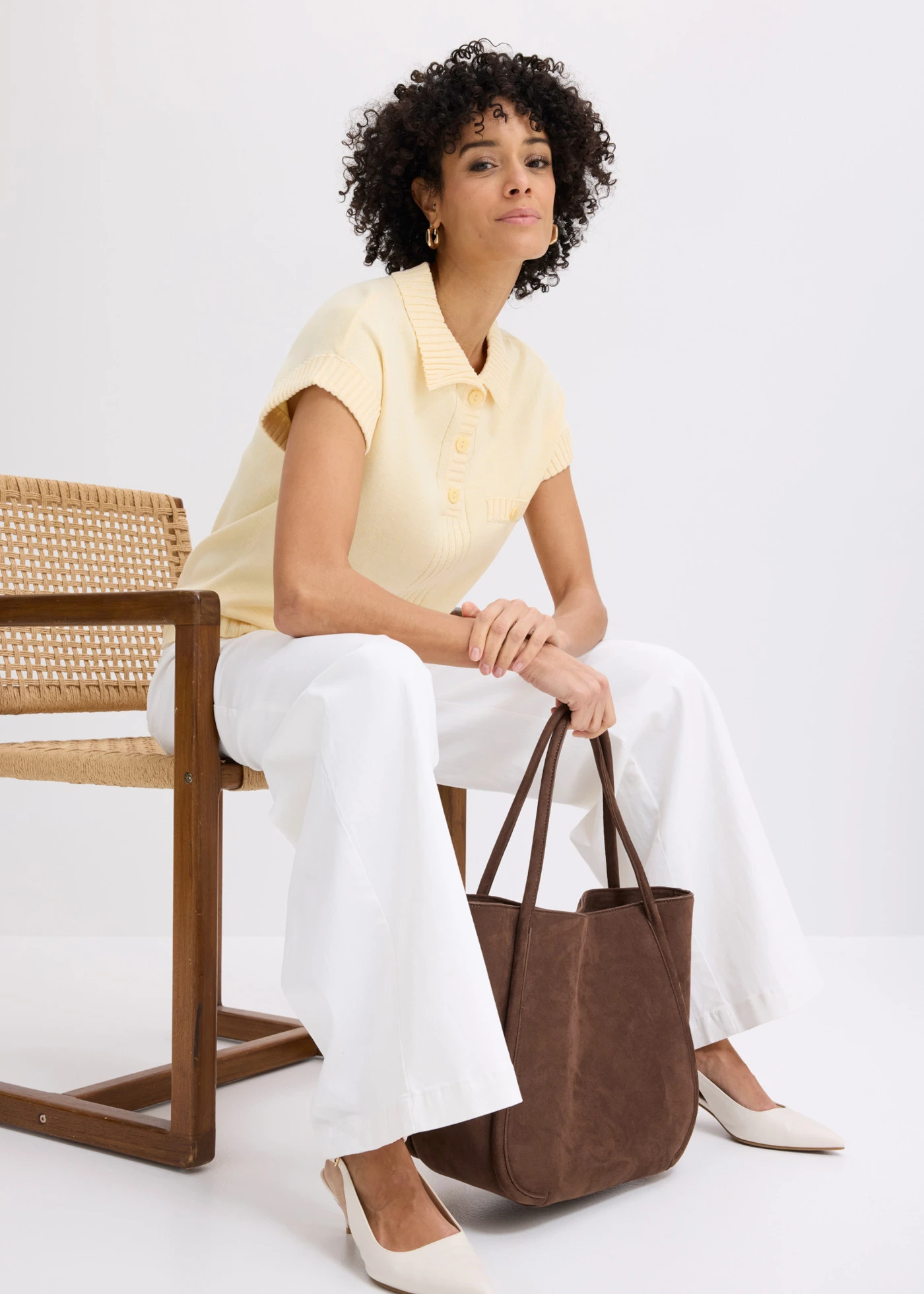 Pull col polo en coton mélangé • jaune pastel chiné • Boutique bonprix