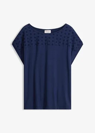 T-shirt doux à empiècement en dentelle • bleu foncé • Boutique bonprix