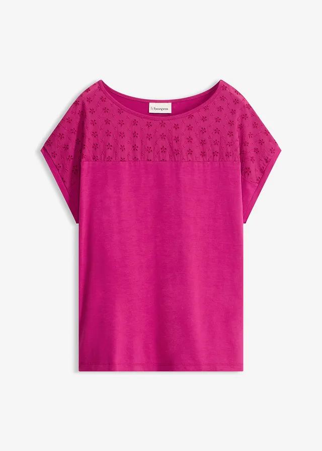 Shirt in een zachte viscosemix met kanten inzet • fuchsiapink • bonprix online shop
