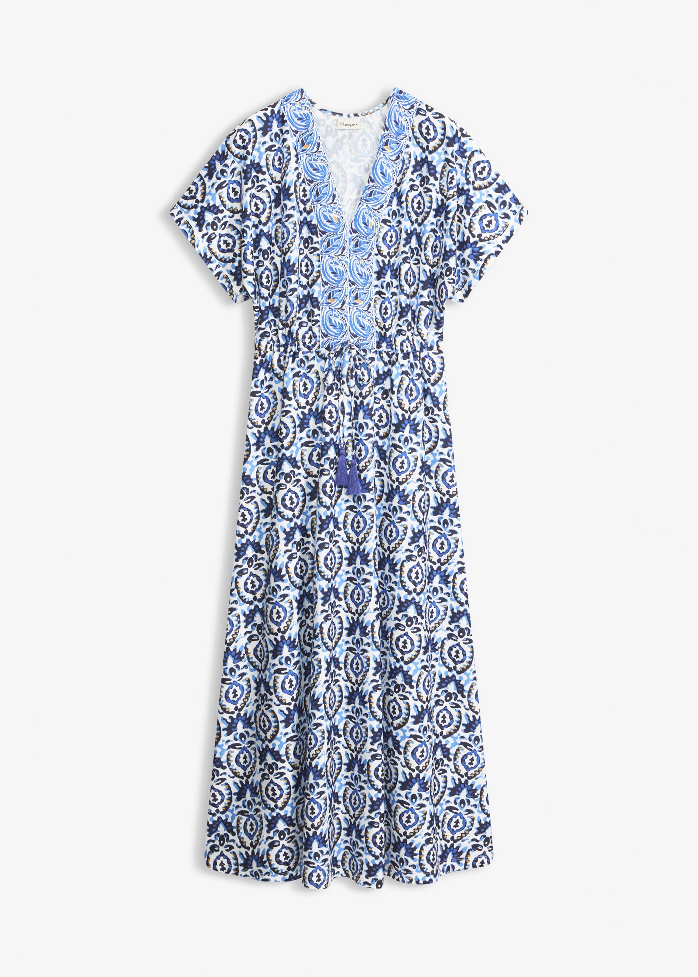 Rochie maxi din jerse • ecru-albastru cu imprimeu • magazin bonprix