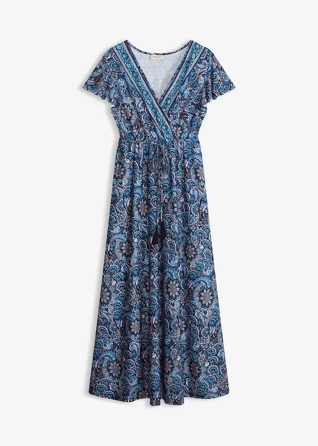 Gedessineerde maxi jurk van jersey, Kleur: donkerblauw-wit gedessineerd