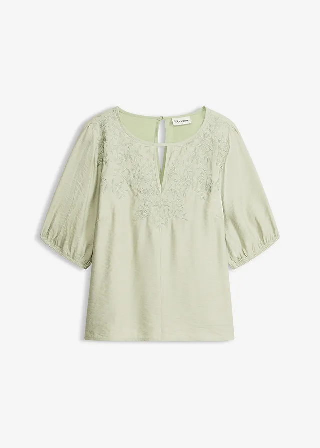 Blouse longue brodée, légèrement transparente • vert pâle • Boutique bonprix