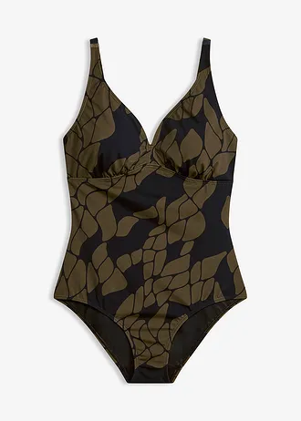 Medium corrigerend badpak met een V-hals, Kleur: zwart/donkerolijfgroen met print
