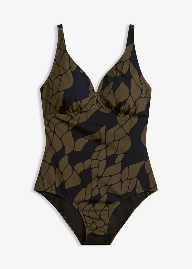 Maillot 1 pièce sculptant à col en V, maintien modéré • noir-olive foncé imprimé • Boutique bonprix