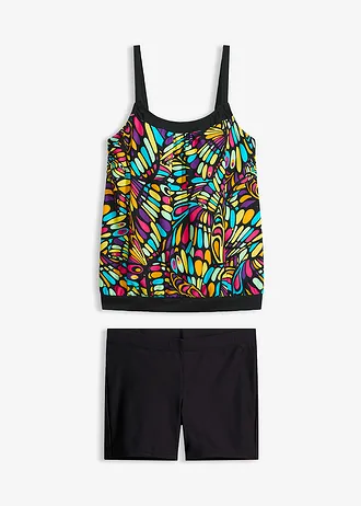 Oversized tankini met zwemshort (2-dlg. set), Kleur: zwart/multicolour grafische print