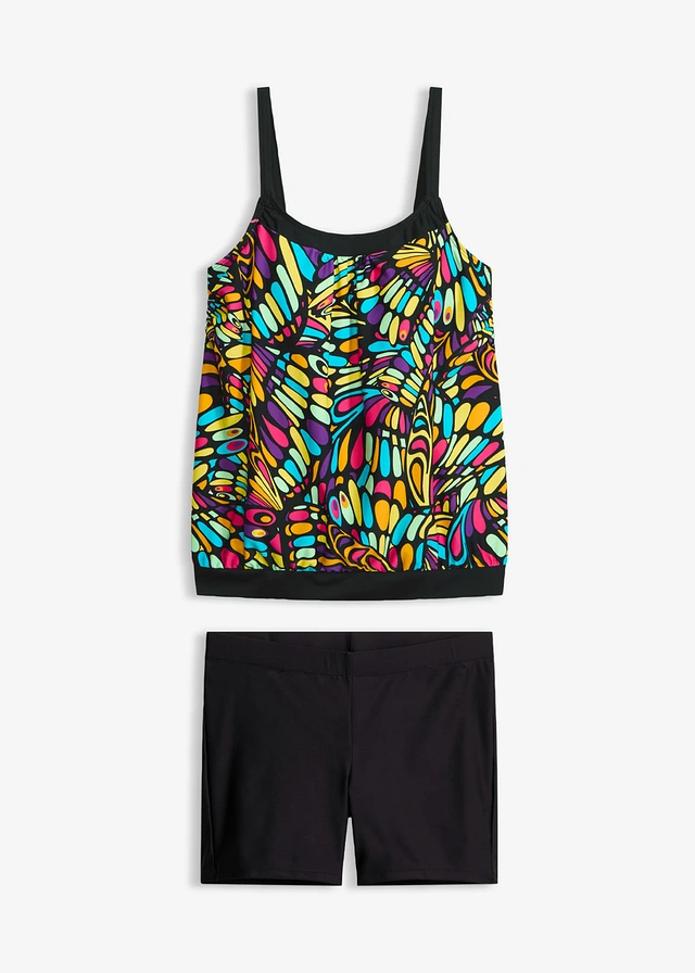 Oversized tankini met zwemshort (2-dlg. set), Kleur: zwart/multicolour grafische print
