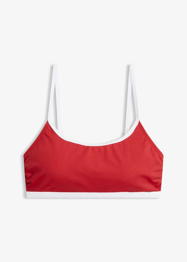 Bralette bikinitop met witte contrasterende naden, Kleur: salsarood