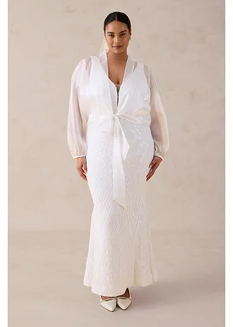 Trouwjurk van zacht tule met paillettenborduursel, Kleur: wolwit