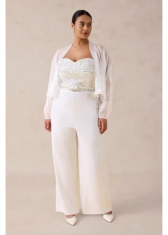 Bruidsjumpsuit van crêpe met structuur en parelborduursel, Kleur: wolwit