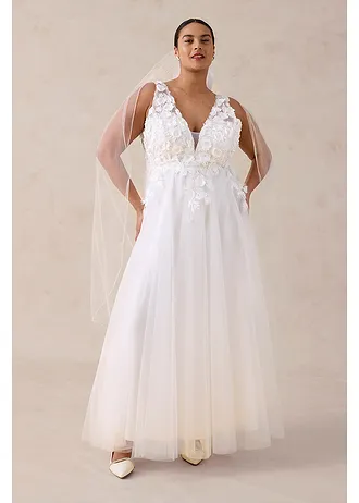 Robe de mariée en tulle avec fleurs appliquées, Couleur: ecru