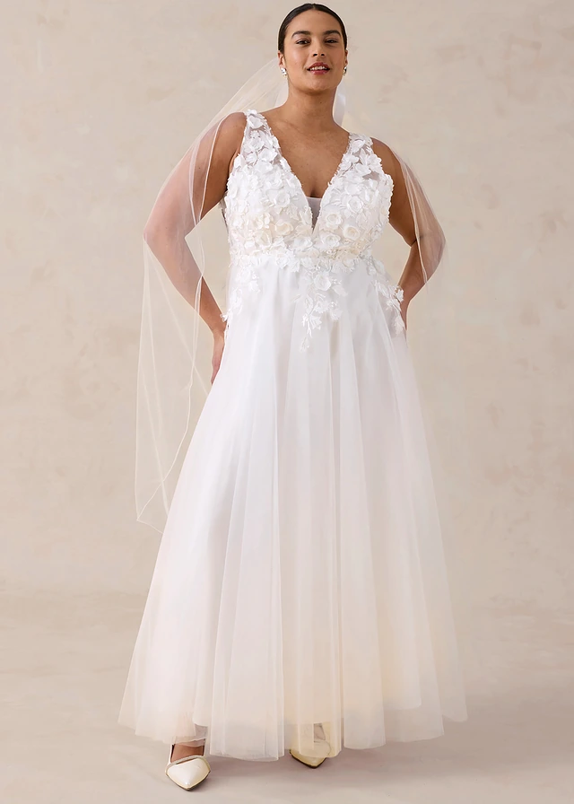 Robe de mariée en tulle avec fleurs appliquées, Couleur: écru