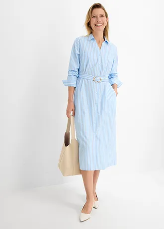 Robe-chemise 100% coton, Couleur: bleu clair-blanc rayé