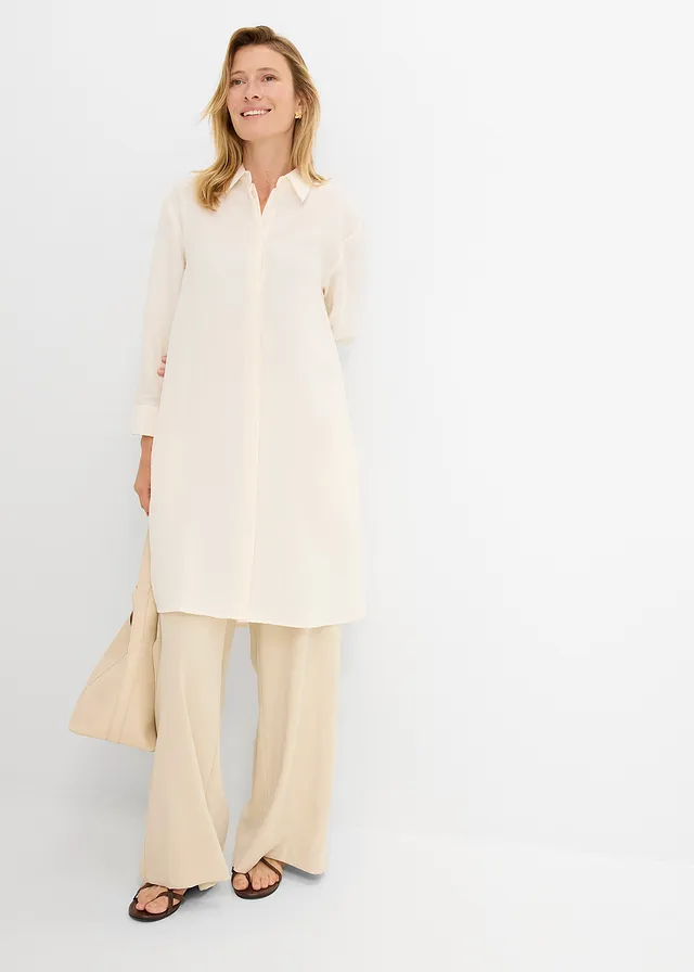 Chemisier long et doux, viscose majoritaire, Couleur: écru