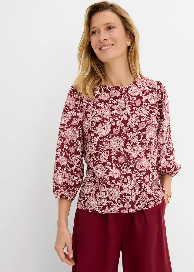 Chemisier à manches bouffantes, Couleur: rouge rubis-rose clair imprimé