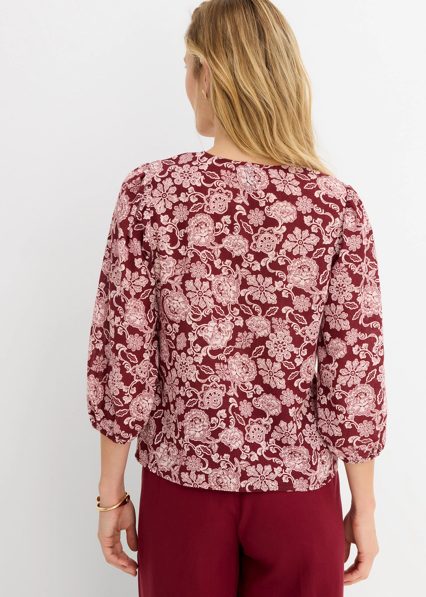 Blouse met pofmouwen • robijnrood-lichtroze met print • bonprix online shop