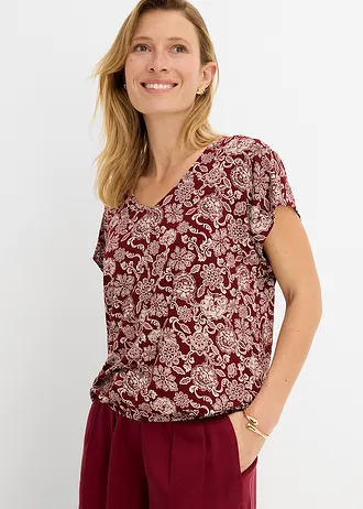 T-shirt z delikatnej mieszanki wiskozy, kolor: czerwony rubinowy-jasnoróżowy ze wzorem