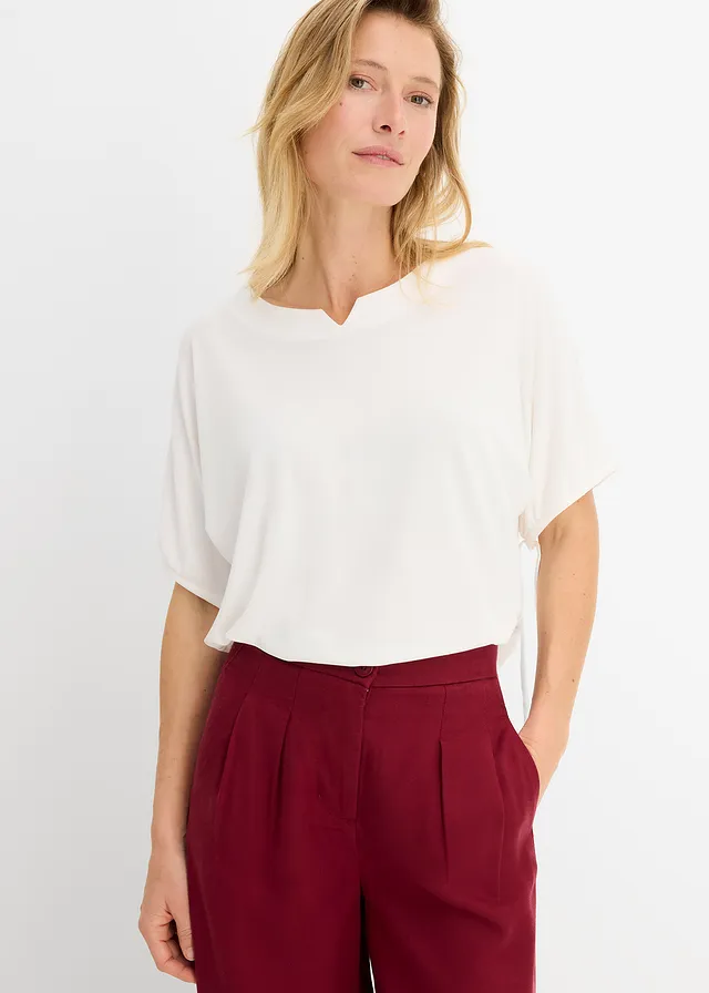 Losvallend shirt van stevig piqué, Kleur: wolwit