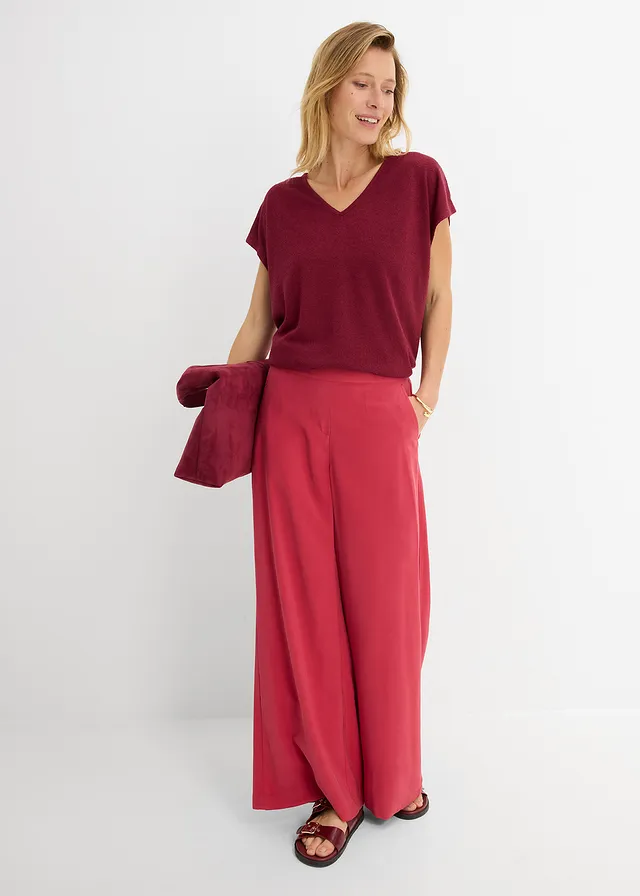 Oversized shirt in gebreide look, Kleur: robijnrood