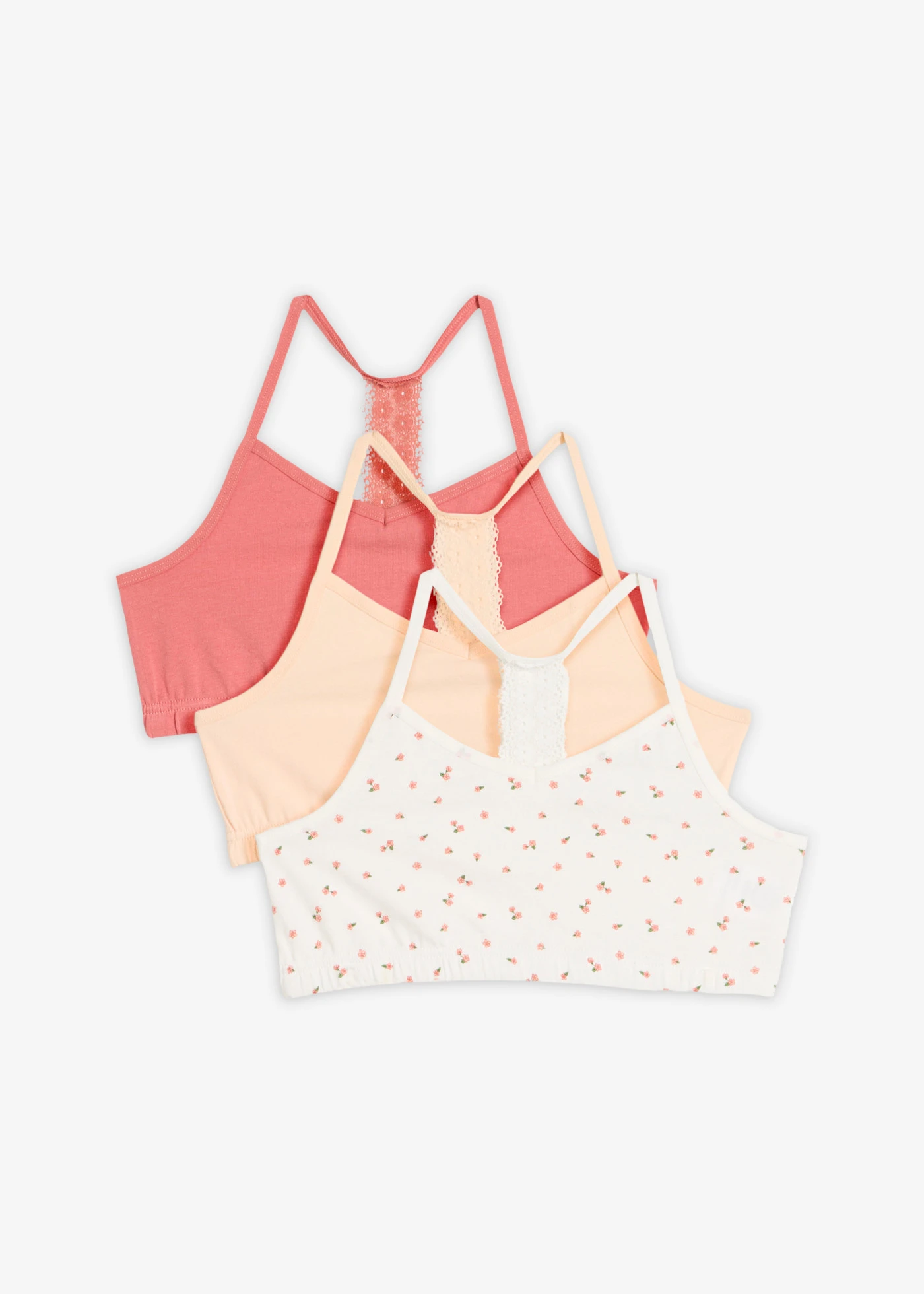 Lot de 3 brassières douces avec dentelle • écru imprimé + rhubarbe + beige nacré • Boutique bonprix