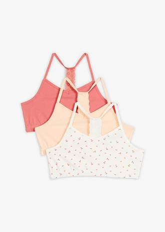 Bralette met zacht katoen en kant (set van 3), Kleur: wolwit met print-rabarber-parelbeige