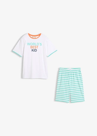 Shortama van puur katoen (2-dlg. set), Kleur: wit met print+wit-pacifisch groen gestreept
