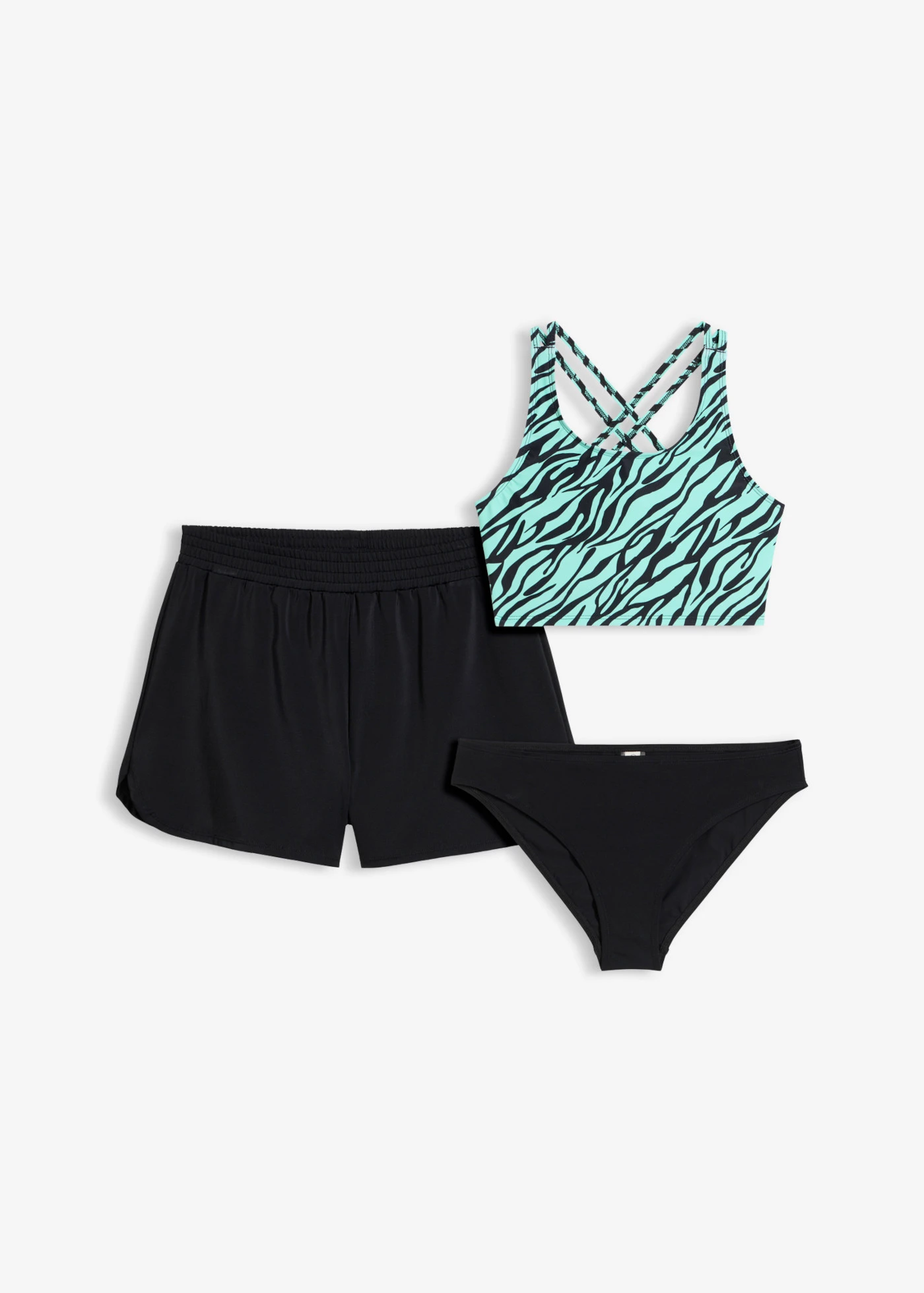 Bikini + szorty (komplet 3-cz.) • czarny-niebieski mentolowy w paski zebry • sklep bonprix